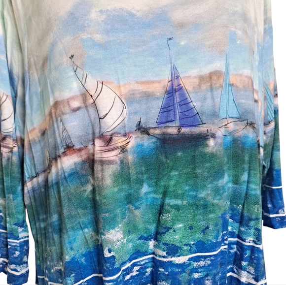 SOLD Karen Kane abstract art to wear boats on ocean stretchy blouse top size 1X - Picture 13 of 15